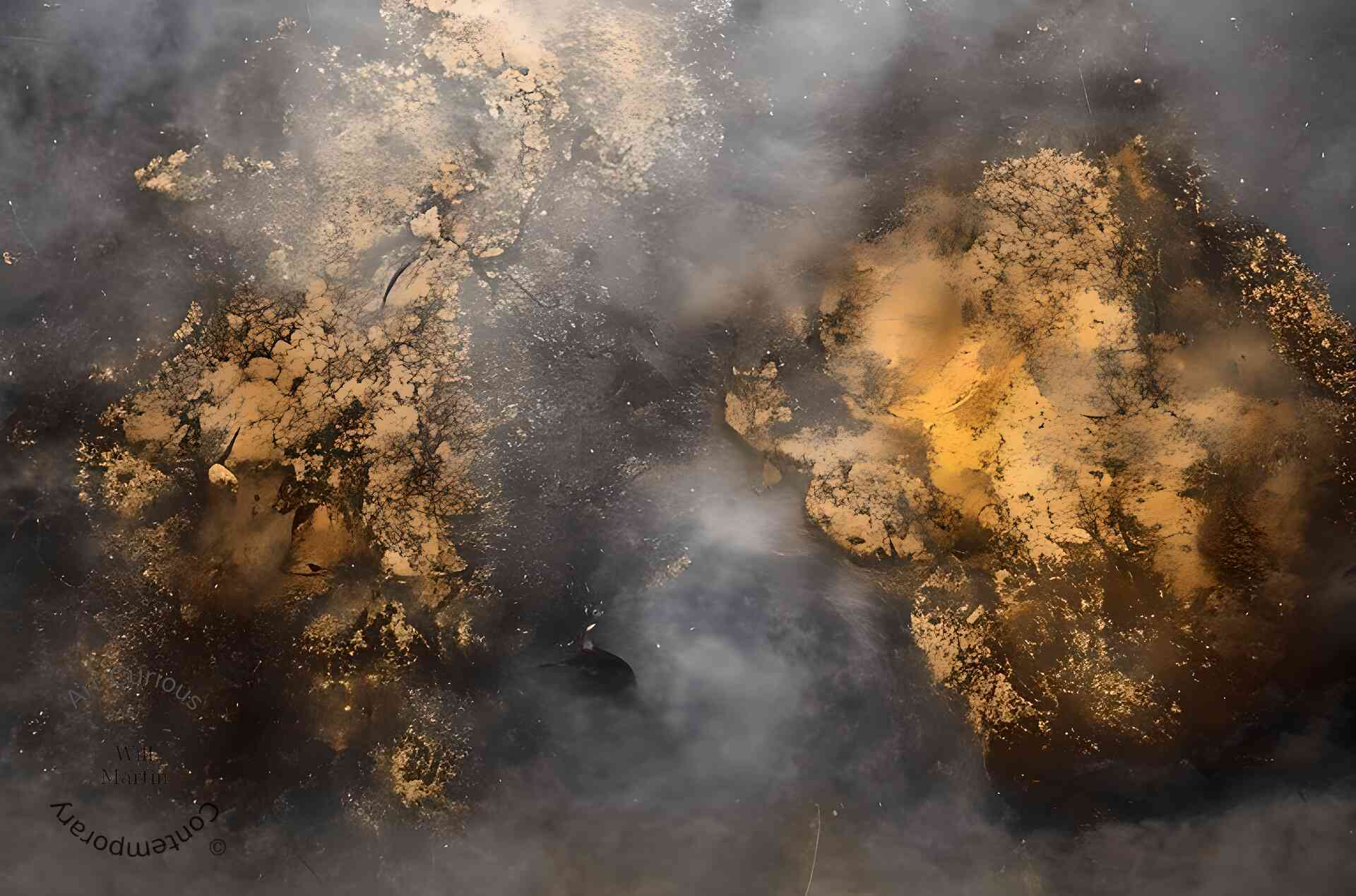 A horizontal abstract composition divided into two luminous forms set against a field of churning slate-gray and charcoal vapor. The left mass rises vertically, a pale cream and ochre column flecked with dark branching cracks that spread across its surface like lichen or crazed varnish. The right mass is broader and warmer, glowing amber and honey gold at its core and dissolving into rust and deep brown at its lower edges. Both surfaces have a crusted, mineral quality, as if gilded plaster had flaked and oxidized. A pale channel of smoke separates them through the center, and near the bottom of that gap sits a small dark form topped with a white highlight, the only compact, solid shape in the frame.

The gray tonality here reads quite differently from the LightBlast series. If the Gemi work sits under its own header on the site, the northern Baroque framing may need an adjustment, since this one leans closer to a Turner or Whistler atmospheric register than to Rembrandt's warm interior light.