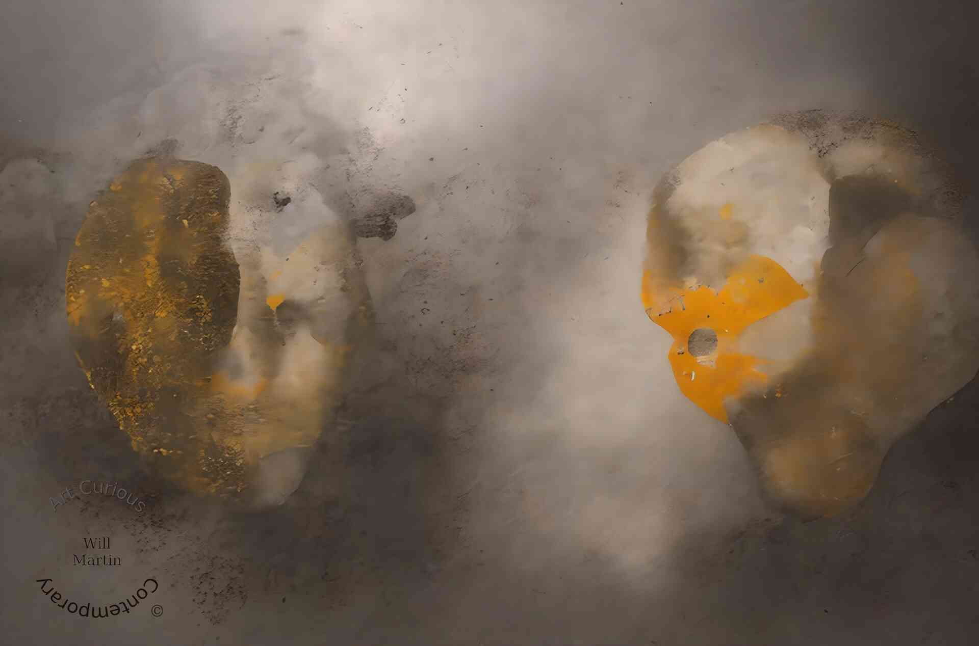 A horizontal abstract composition with two rounded, bone-colored masses set against a soft gray-green atmospheric field. The left form is taller and narrower, its left flank washed in mustard and amber that breaks into scattered flecks along the edge. The right form is broader and lobed, with a vivid orange patch spreading across its center in torn, leaf-like shapes surrounding a small dark opening. Both forms have a worn, eroded surface suggesting weathered stone or plaster with gilding partly rubbed away. Smoke and mist drift between and over them, blurring their outlines, and the background darkens toward the corners.
