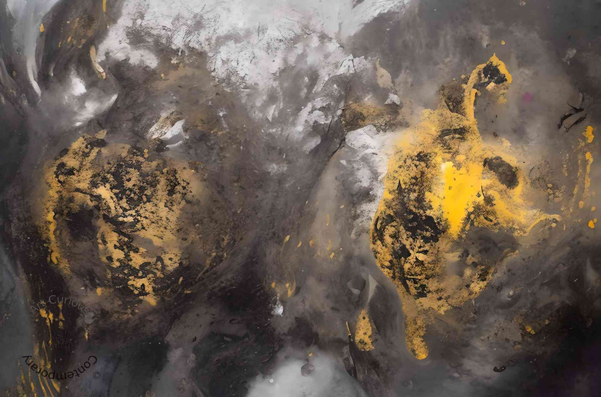 A horizontal abstract composition set against a dark, mottled field of charcoal and slate. On the left, a wide spread of small gold and ochre flecks disperses across the surface like scattered leaf or mineral grit, with a rust-colored crust along the far left edge. On the right, a denser, more solid mass of saturated yellow-gold glows with a brushed, mottled surface and darkens abruptly to black along its lower boundary. Vertical plumes of pale smoke rise through the center and right of the frame, softening the forms and partly obscuring them. Fine pale filaments appear near the lower right corner.