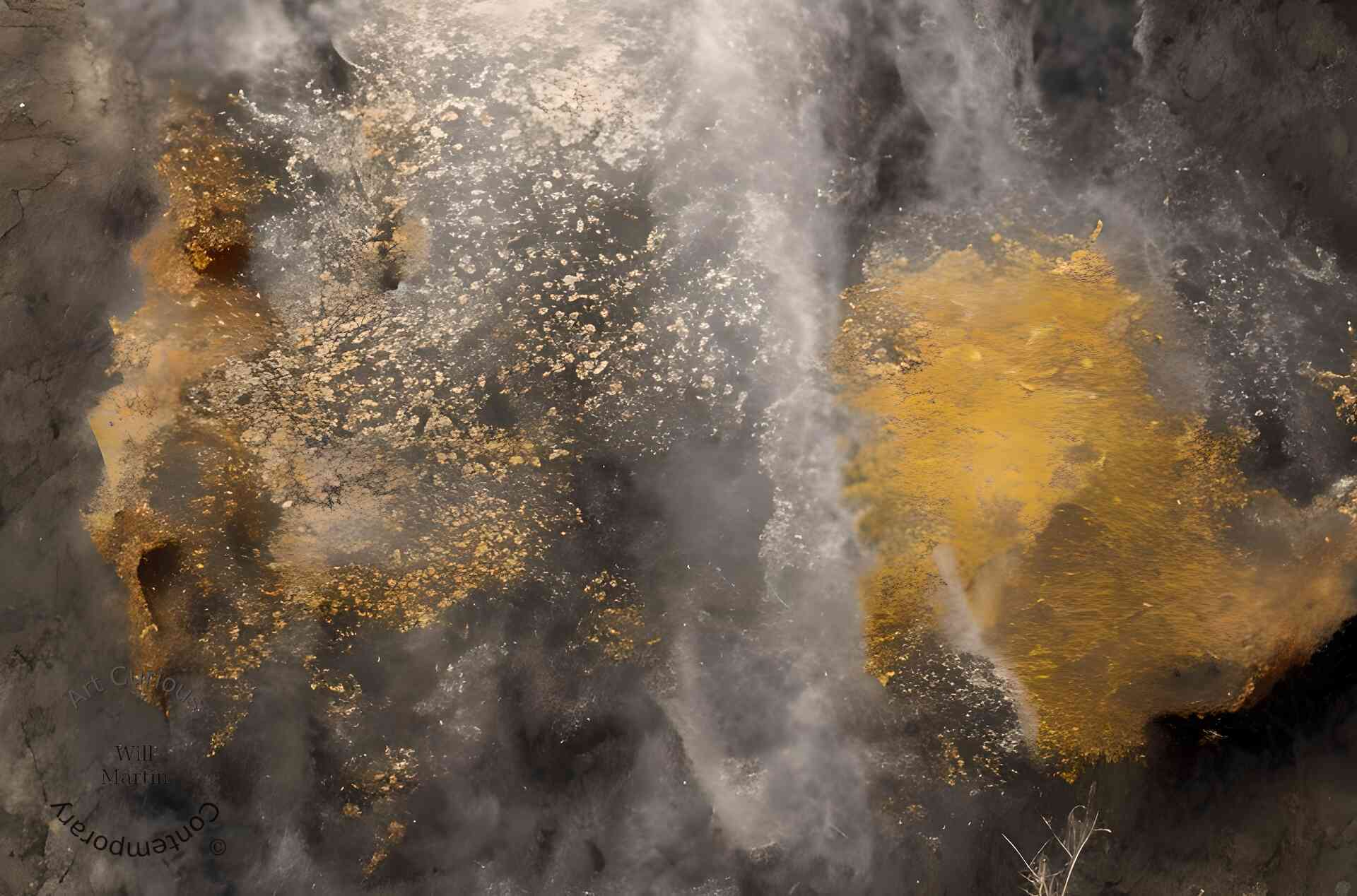 A horizontal abstract composition on a dark charcoal and slate ground. Along the left, gold and ochre flecks scatter in a loose drift, anchored by a rust-toned crust at the far edge. On the right sits a dense, saturated mass of amber and yellow with a brushed, granular surface, its lower edge dropping into deep black. Heavy columns of pale gray smoke rise vertically through the middle of the frame and billow across the right side, veiling the gold more completely than in adjacent works in the series. Thin pale filaments rise from the lower right corner.
