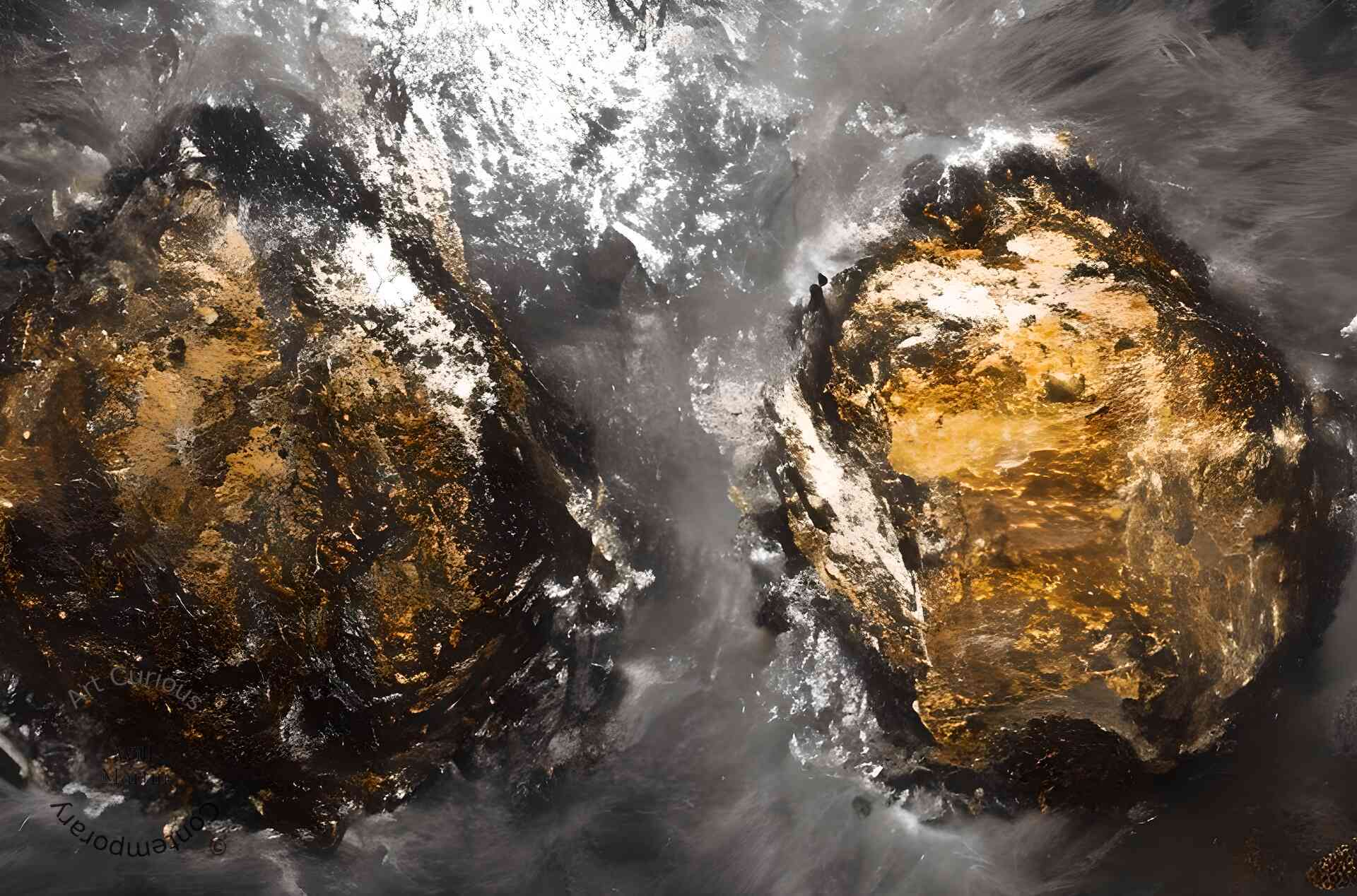 A horizontal abstract composition dominated by two large rounded forms that read like weathered boulders or ore deposits. Each is built from deep black and umber, split by broad seams of molten-looking gold and bronze that catch the light along their upper and inner faces. Streaks of chalky white run through both masses and pool in the upper center of the frame. The surfaces are heavily textured, with a fractured, geological quality suggesting split rock or cooled slag. Gray smoke and mist swirl around and between the two forms, softening their outlines against a dark, atmospheric ground.