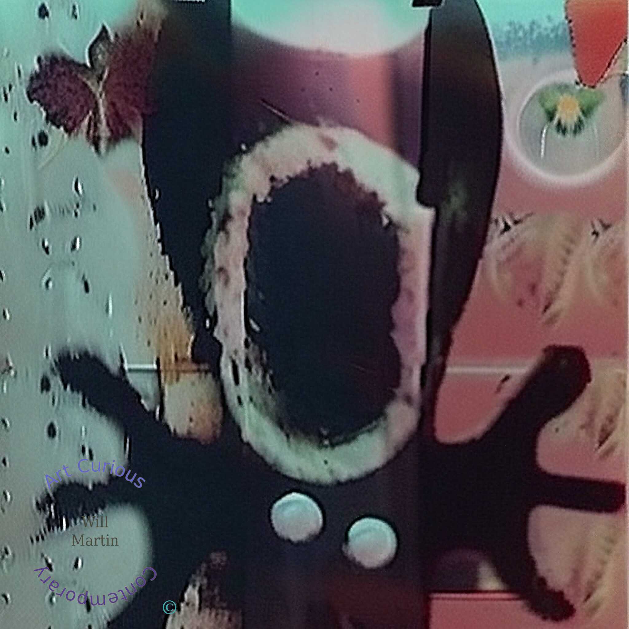 A dark ovoid ringed in cream and pale green fills the center of the frame, set against a field of salmon pink and misted mint. Black forms press in from either side: a thick vertical bar at right, a splayed shape at lower left, and a crusted patch of dark magenta spreading at upper left. Two small pale domes sit near the bottom edge, and beads of condensation run down the left third.