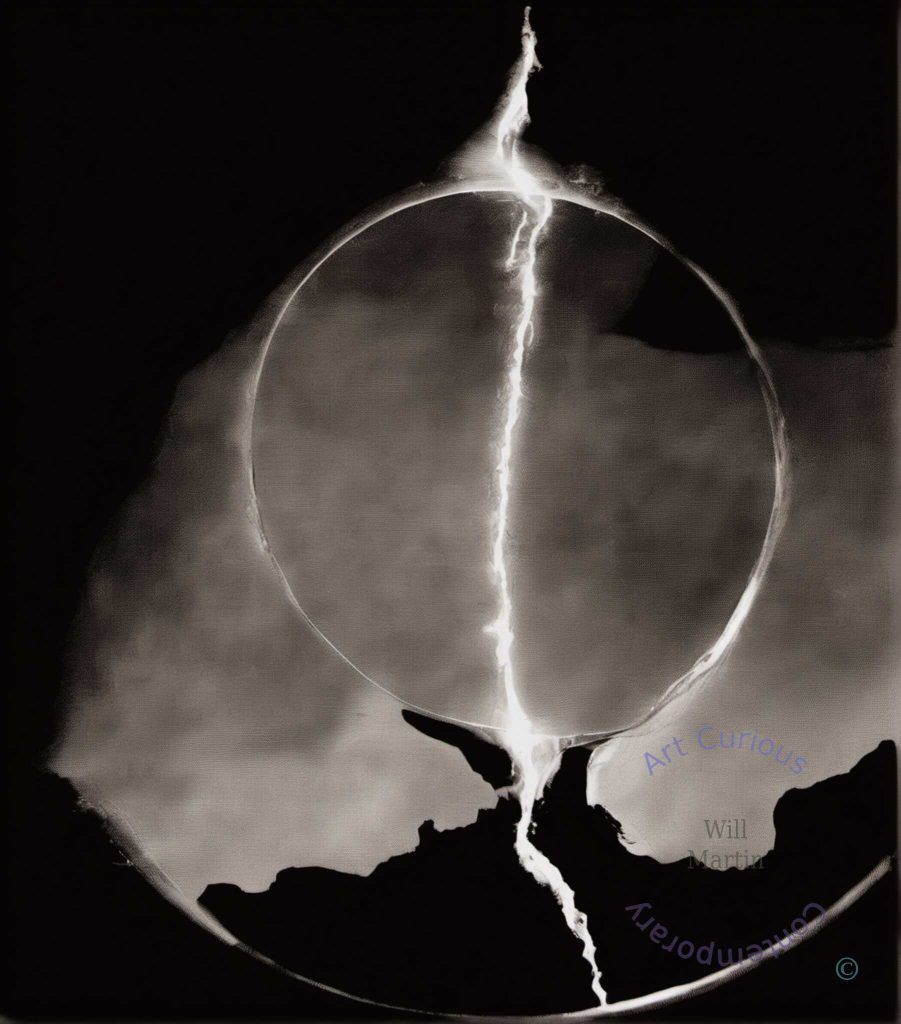 A luminous circle floats on black, its thin bright rim enclosing a smoky grey interior streaked like cloud. A ragged vein of white light runs from a spike above the circle straight down through its center and past the lower edge, breaking apart over a jagged black landmass. A second, larger arc grazes the bottom of the frame.