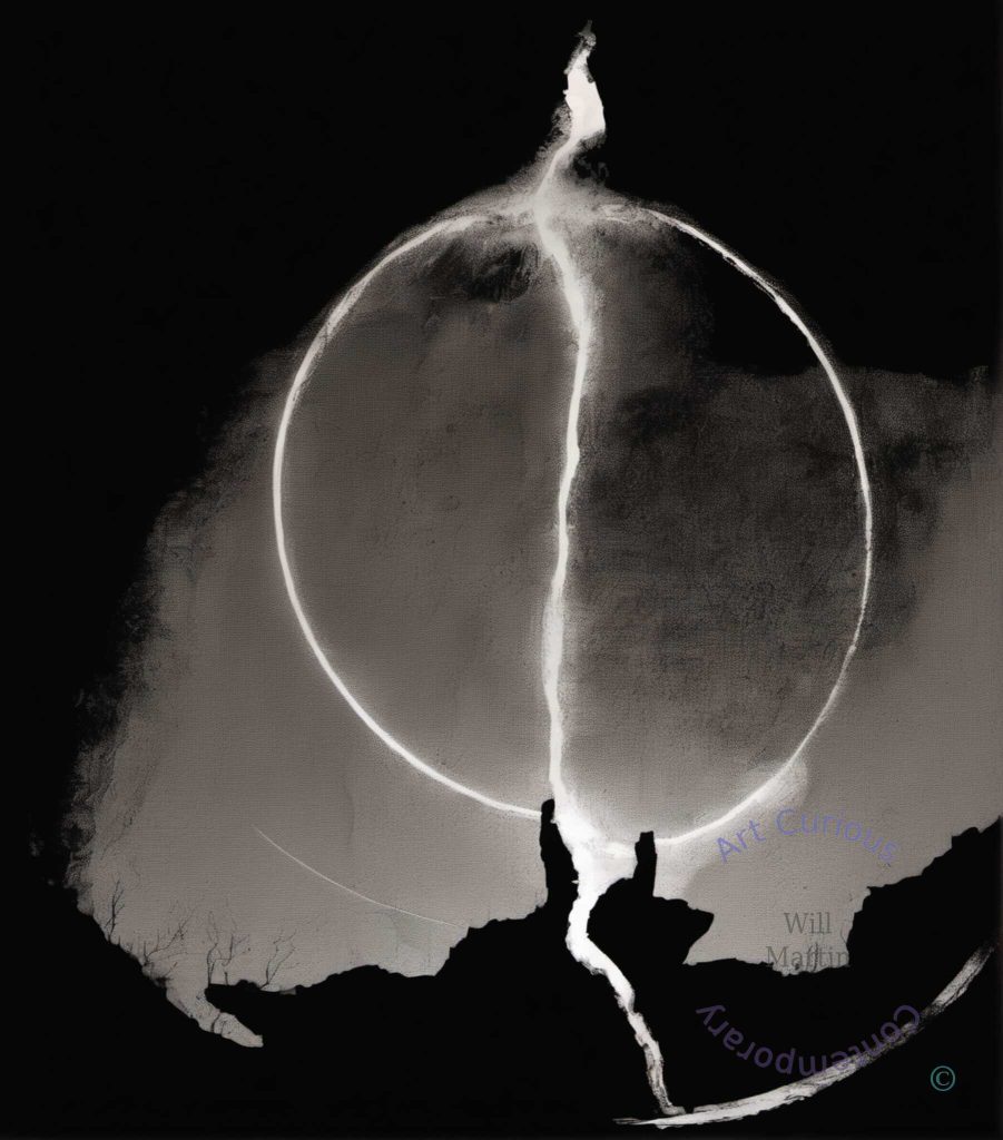 A ring of light, brightest along its left curve, encloses an interior divided into a pale left half and a shadowed right. A white channel descends from a spur at the top, through the middle, to a black horizon where several bare branching trees stand in silhouette at the left. The surrounding black is soft-edged, thinning to grey at the upper corners.