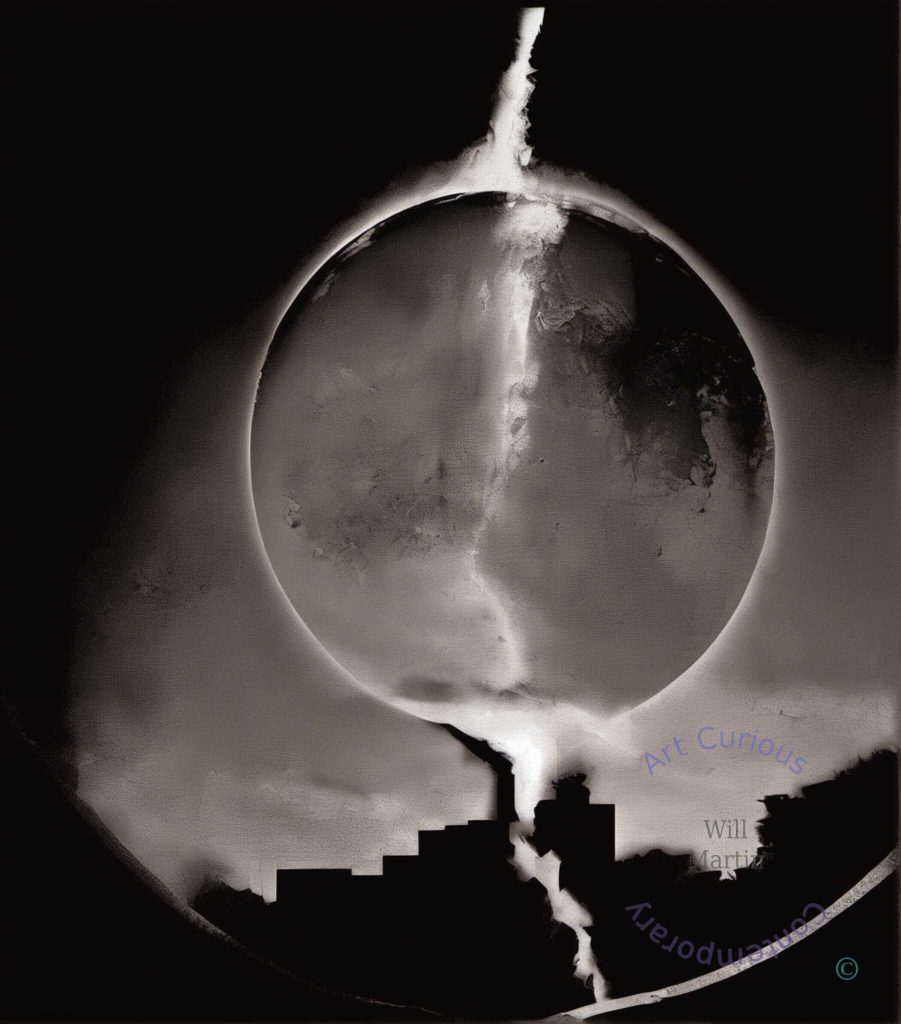 A dark sphere ringed in light, its surface mottled like weather, glows against banked grey cloud at the left. A pale column falls from above the circle down to a black horizon of stepped angular forms that suggest rooftops and a chimney, then continues through them to the bottom edge. The tonal range is wide and atmospheric, closer to photography than to drawing.