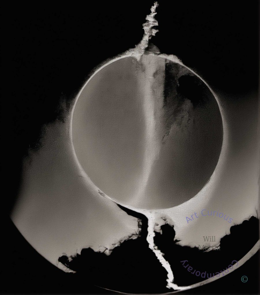 A cleanly drawn circle divides vertically into a pale grey left and a darker right, with a soft black blot near the upper right of the rim. A granular spike of white rises from the crown; below, a fine thread descends into a broad grey field edged with black cloud-like forms along the bottom. The surfaces are smooth and almost airbrushed, with little visible grain.