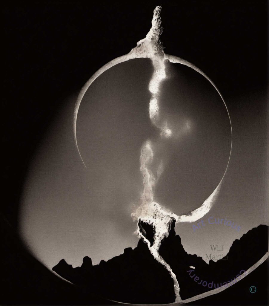 Rendered in warm sepia. A thin bright ring encloses a smooth pale interior, crossed by a thick crusted column of white that breaks into segments as it falls, with a small bright flare drifting to its right. Below, the column meets a silhouetted range of rocky peaks and continues to the lower edge. The corners darken into vignette.