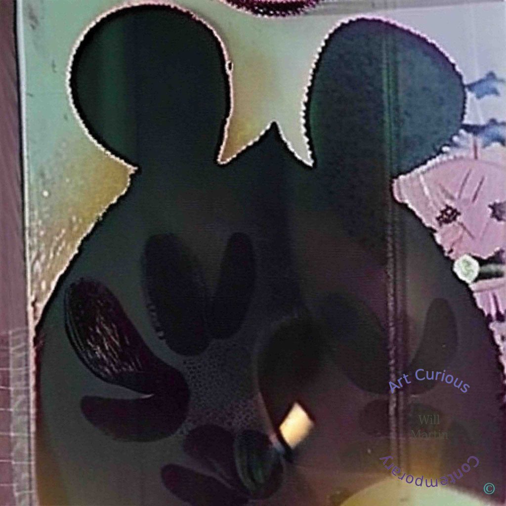 A round-eared silhouette fills the frame in dusky charcoal, its edge picked out by a fine beaded line of pale light. Below the head, dark rounded forms suggest a raised gloved hand. The ground glows in muted olive, mauve, and pink, with a soft pink shape at right and a small point of amber light near the lower center.