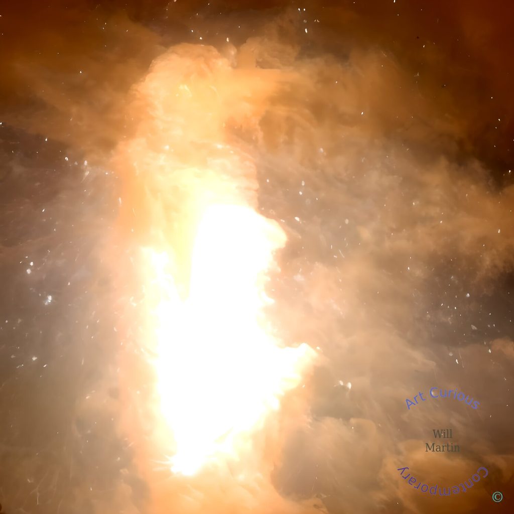 A square abstract composition dominated by an intense, overexposed column of white and pale yellow light rising vertically through the center of the frame. The light is surrounded by dense, swirling clouds of smoke or vapor in warm tones of peach, amber, and burnt orange, darkening toward deep rust and brown at the edges. Scattered throughout are tiny bright specks, like sparks, embers, or distant stars, giving the scene the feel of an explosion or a nebula.
