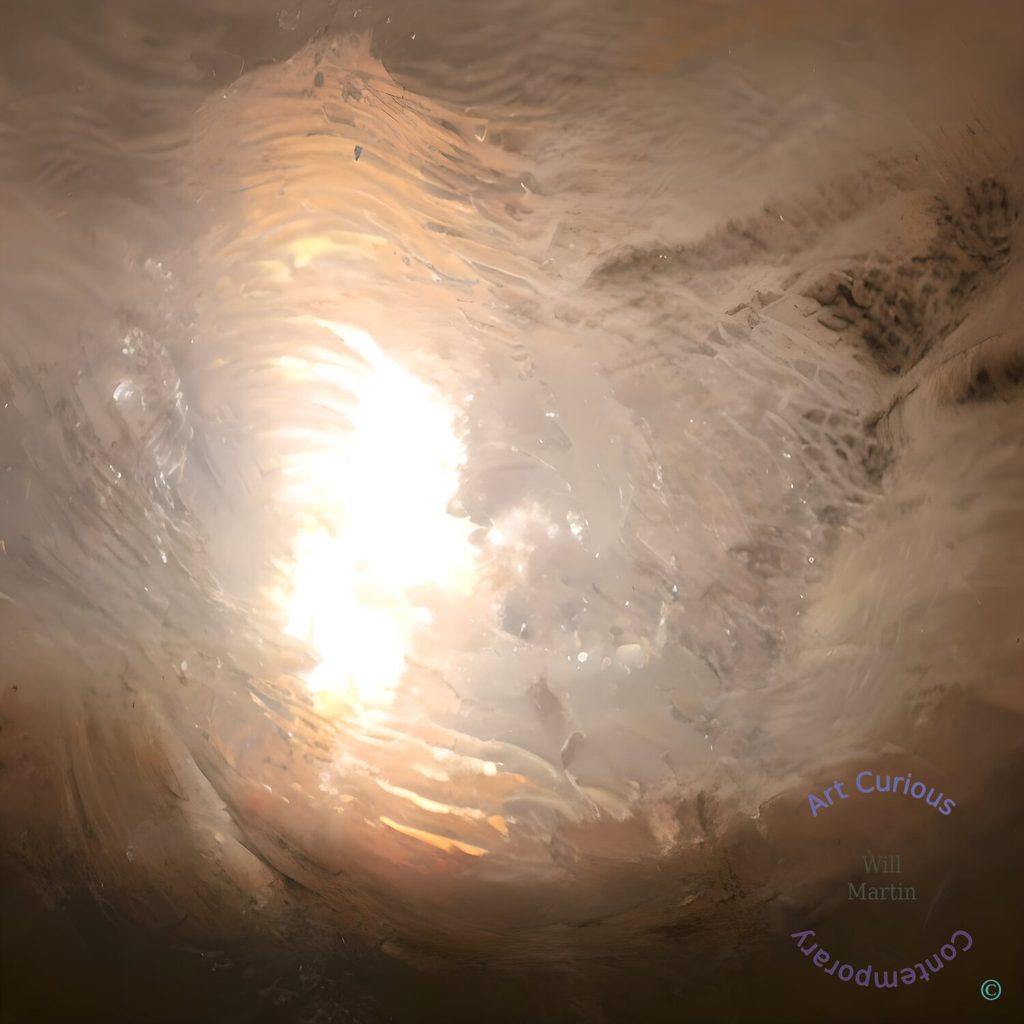 A square abstract composition in which a bright, overexposed core of white and soft gold light sits left of center, viewed as though at the end of a spiraling vortex. Surrounding it are sweeping, layered bands of translucent material resembling frost, smoke, or brushed plaster, with ridged, feathery textures that curve inward toward the light. The palette is cooler and more muted than the first image in the series: creamy whites, dusty pinks, and taupes, deepening into warm browns and near-black at the lower edge. Small glassy droplets and crystalline flecks catch the light throughout, and darker speckled patches appear along the upper right.