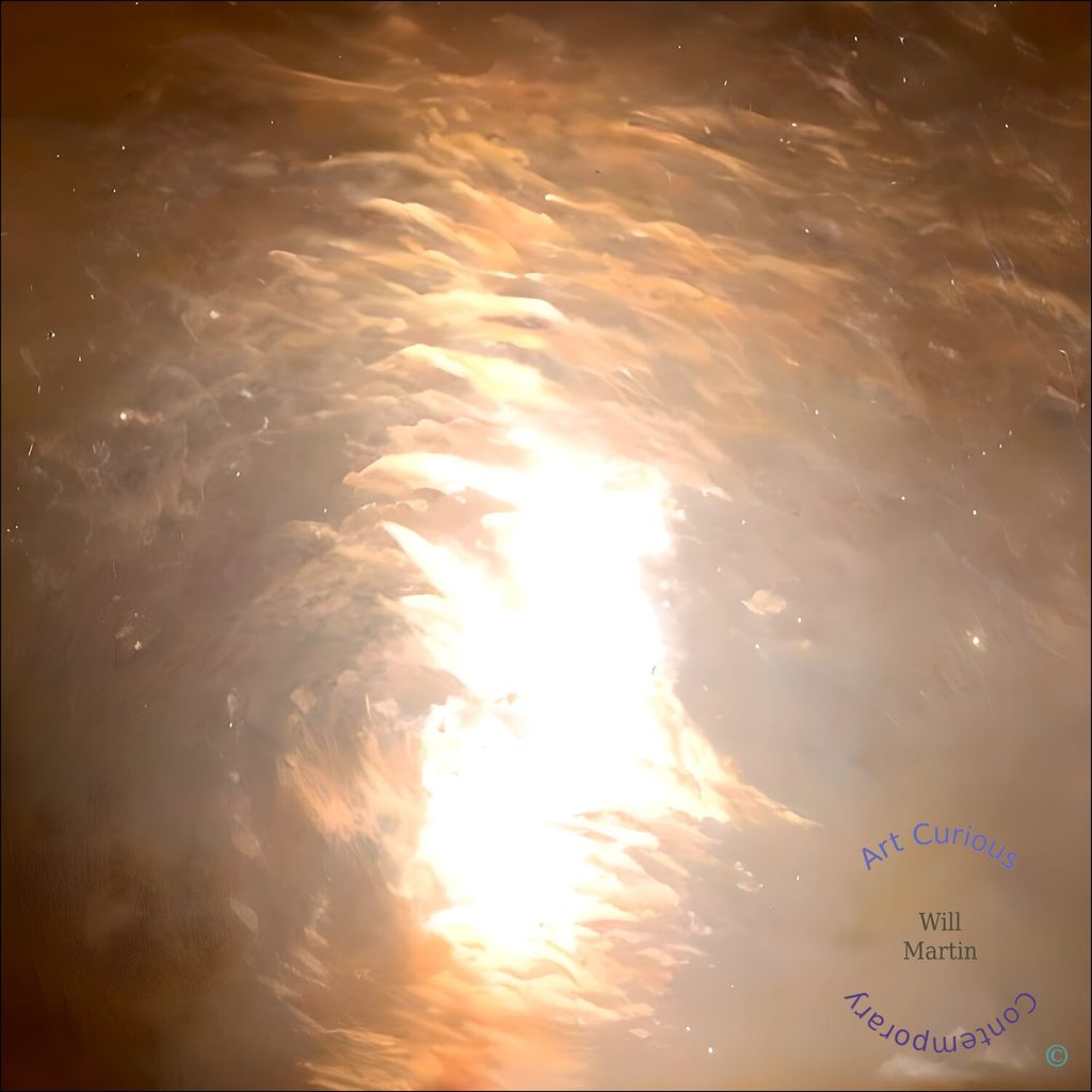 A square abstract composition featuring a brilliant, overexposed column of white light running vertically through the center, slightly right of middle. Around it, layered wisps of translucent material curl and flicker like windblown flames or churning water, rendered in warm tones of honey, apricot, and copper. The color deepens toward rich browns and dark umber at the edges, with a softer, hazier glow along the right side. Tiny bright specks and glinting fragments are scattered throughout, suggesting sparks or drifting embers, and the overall motion sweeps diagonally from the upper left toward the luminous core.