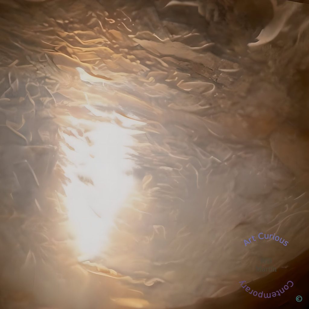 A square abstract composition in which a diffused white light glows through the left-center of the frame, less sharply defined than in earlier images in the series. The surrounding field is filled with thousands of small curling, ribbon-like shapes that overlap like feathers, wood shavings, or torn paper, their edges catching the light in thin highlights. The palette is muted and warm: sand, taupe, caramel, and bronze, with a hazy, smoky softness across the right side. A darker curved band of deep brown sweeps along the lower right edge, framing the scene as if viewed through a rounded opening.
