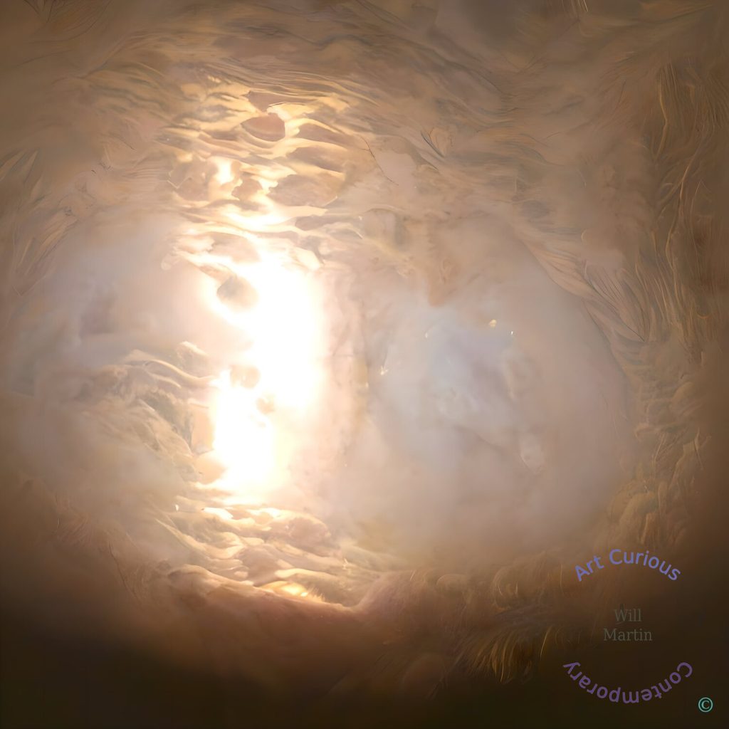 A square abstract composition centered on a luminous, roughly circular chamber of pale light. A brilliant vertical streak of white and gold glows just left of center, while a softer, milky haze with faint hints of lavender fills the right half of the opening. Surrounding the chamber are layered, sculpted textures resembling feathers, fur, or carved plaster, rendered in cream, sand, and caramel tones with fine linear detail. The edges darken gradually to warm browns and deep shadow, especially along the bottom, so the scene reads as a view looking up or out through a hollow toward the light.
