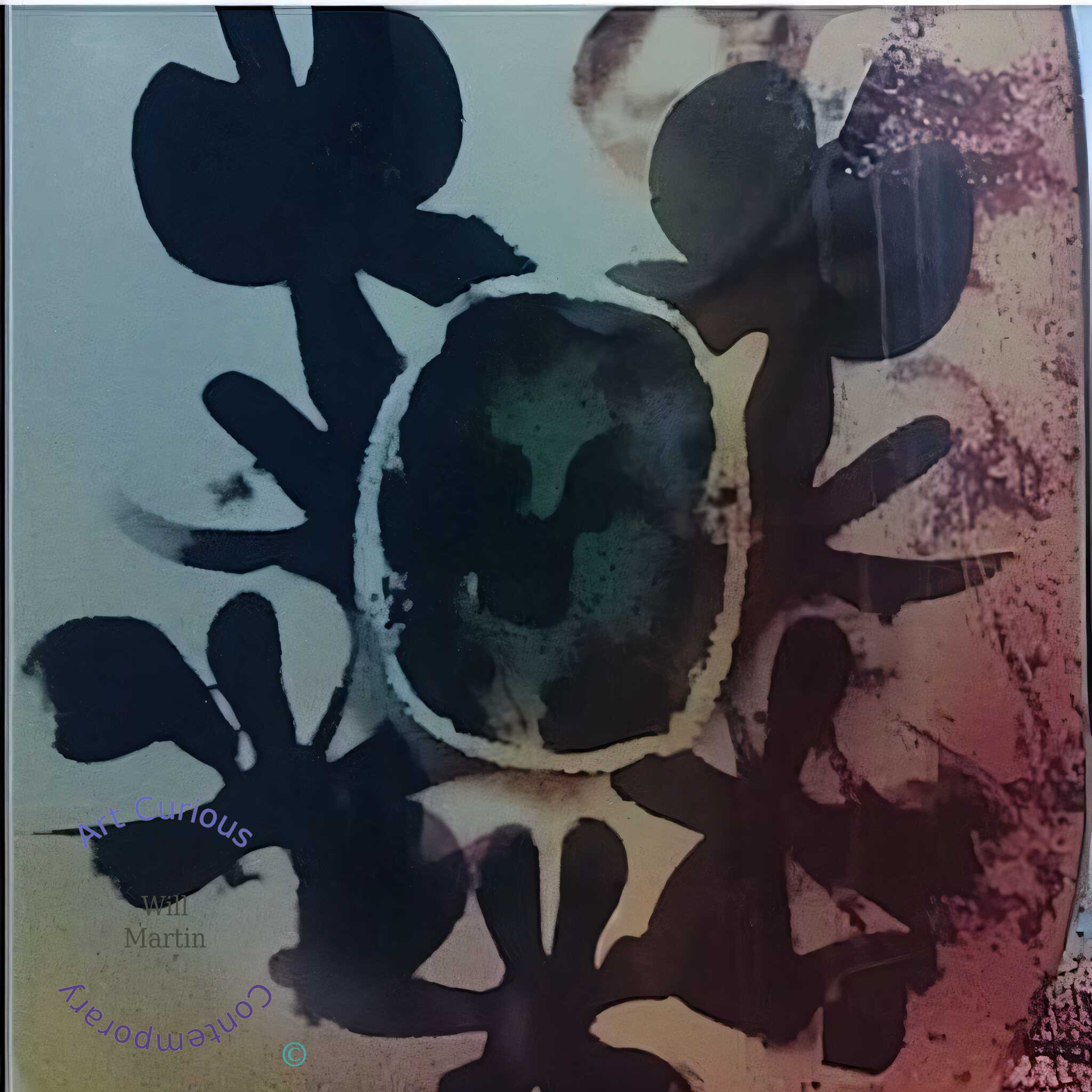 Black silhouetted forms, part petal and part splayed hand, radiate around a pale-rimmed oval at the center, inside which a mottled dark green mass pools and runs. The ground fades from cool mint at upper left to warm peach below. A band of maroon and violet corrosion crusts the right edge.