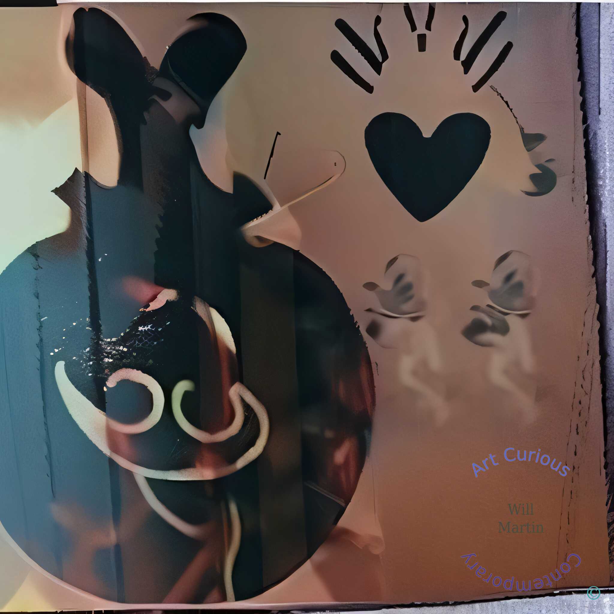 A warm peach and tan field, creased like a page, holds a dark teal-black figure at the left: a rounded mass wrapped in pale curling ribbons, with a peaked form rising above it. At upper right a solid black heart sits beneath a fan of radiating strokes. Two small pale figures, blurred as if caught mid-motion, stand below it.
