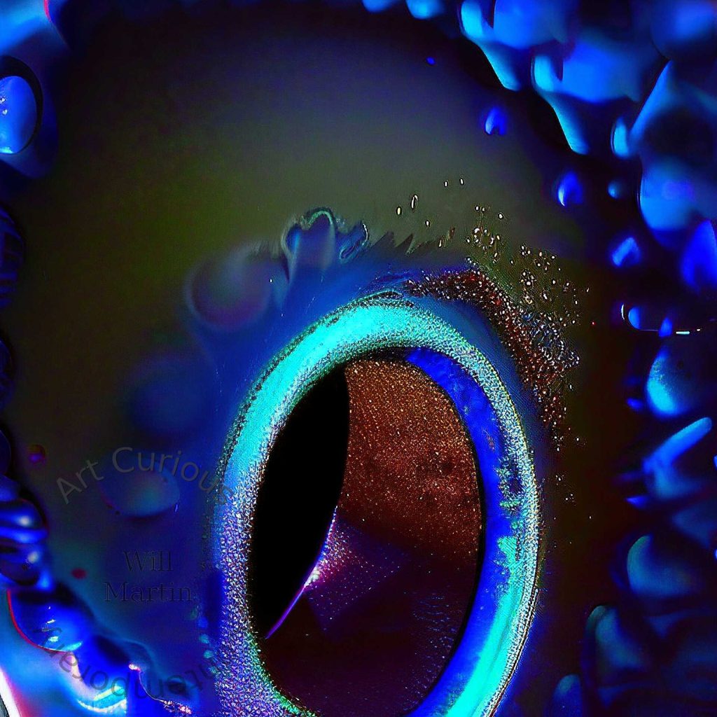 A brilliant cyan ring, densely beaded and granular, encircles a rust-red interior with a black crescent along its left edge. The surrounding field shades from olive to deep violet, scattered with a fine spray of pale specks at upper right. Clusters of vivid blue droplets crowd the outer corners.