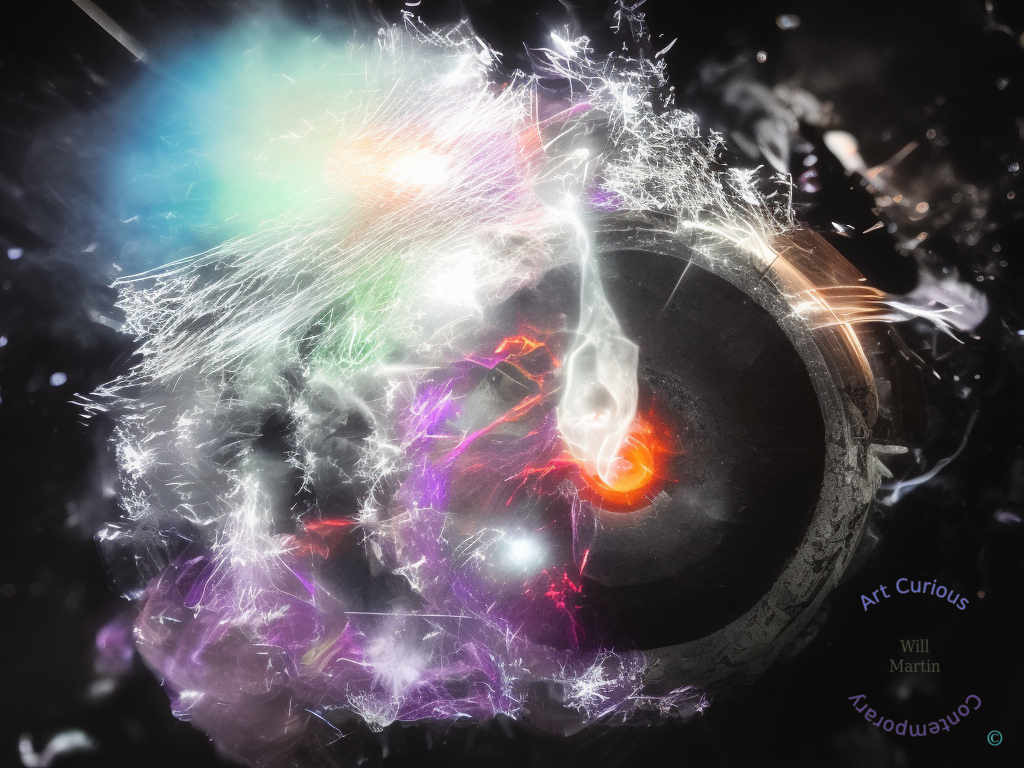 A horizontal abstract composition on a black ground. At right, a heavy dark arc with a pitted, metallic surface curves through the frame like the rim of a broken vessel, catching a thin amber highlight along its upper edge. From its interior, an orange and red flare glows, and a pale elongated form rises from it toward the upper left. The left half of the image erupts into a dense spray of fine white splinters and filaments, shot through with violet and magenta haze below and a soft wash of teal and green above. Small white glints scatter through the surrounding darkness.