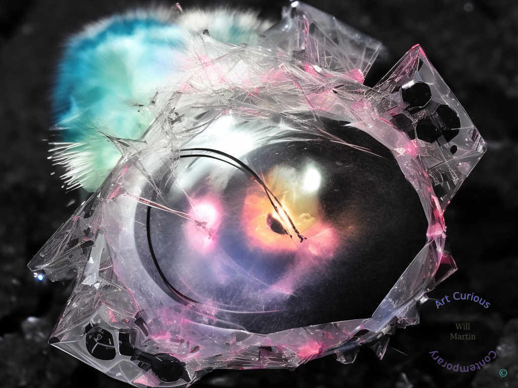 A horizontal abstract composition centered on a large dark sphere set against a black, lightly mottled ground. Encasing the sphere is a web of faceted, translucent sheets that read as cracked glass or ice, their angular panes catching cool highlights along every edge. At the points where the panes intersect, small magenta and pink nodes glow like lit filaments. Within the sphere, a soft bloom of white, gold, violet, and pale blue light radiates from just right of center, crossed by two thin dark curving lines. A tuft of turquoise and white feathers emerges from the upper left, and a small blue glint sits at the left edge.