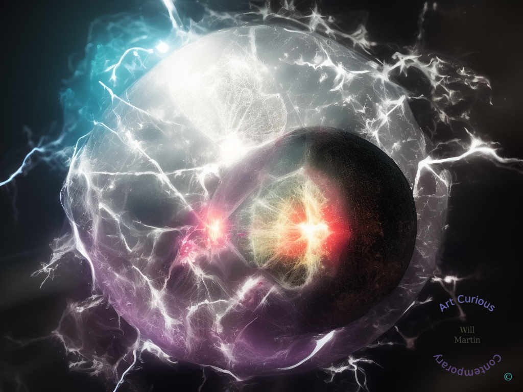 A horizontal abstract composition on a dark charcoal ground. A large pale ovoid dominates the frame, its surface and surroundings threaded with fine white branching filaments that spread outward like lightning or frost. Nested within it sits a smaller dark sphere with a rough, mottled texture, pierced by two concentrated bursts of light: a smaller crimson flare at left and a larger yellow-gold burst at center, each radiating fine rays. A cool turquoise glow illuminates the upper left edge of the outer form, while a soft lavender tint washes across its lower portion.