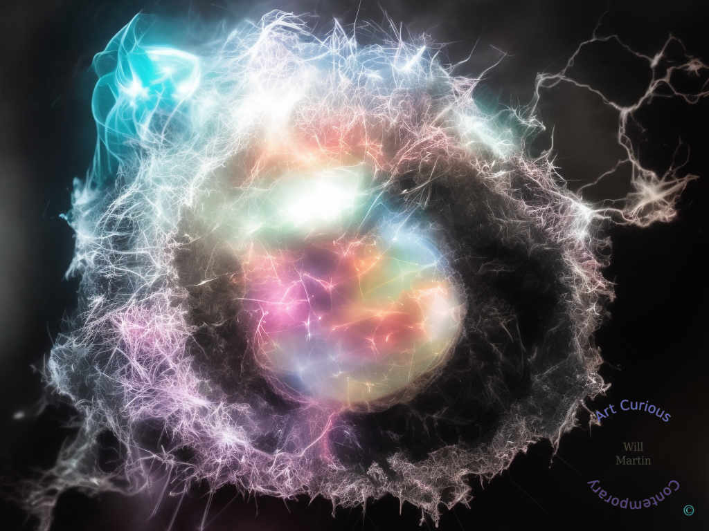 A horizontal abstract composition on a black ground. At center sits a softly glowing spherical form washed in pale pink, mint green, lavender, and cream, its light diffused as though seen through frosted glass. Surrounding and overgrowing it is a dense nest of fine white and rose filaments that radiate outward in every direction, tangling into a web-like mass that blurs the orb’s boundary. A bright turquoise flare glows at the upper left, and thin violet and white threads branch off into the surrounding darkness, trailing toward the upper right and lower left corners.