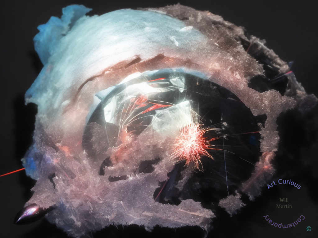 A horizontal abstract composition on a black ground. A large rounded form fills most of the frame, its outer surface a pale blue-gray crust with a rough, mineral texture that breaks and flakes along the right and lower edges. The crust opens to reveal an interior of angular white and silver shards catching hard light, framed by a dark curving band. At the lower center a vivid red-orange starburst flares outward in fine radiating spines, with thin red lines streaking off toward the left edge and beyond the form. Smaller blue and violet glints appear along the lower left margin.